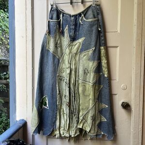 Upcycled Fairy Denim Skirt M Whimsical Dragonfly Boho Festival Butterfly Patches